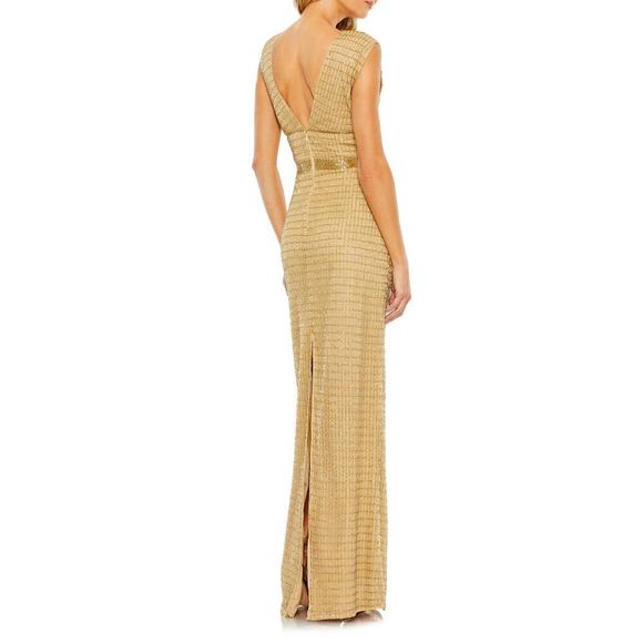MAC DUGGAL Women's Beaded Cap Sleeve V Neck Column Gown In Gold Size 8 NWT - Picture 3 of 13